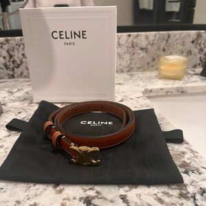 CELINE Tan Leather Slim Belt with Gold Triomphe Buckle, size 90